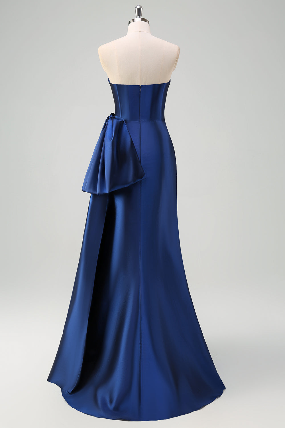 Dark Blue Mermaid Strapless Pleated Long Prom Dress with Draped Bow Accent