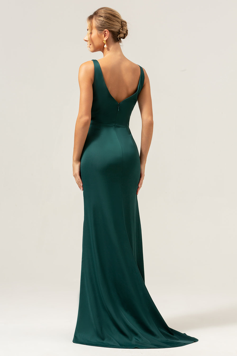 Dark Green Mermaid V Neck Ruched High-Low Long Satin Bridesmaid Dress with Slit