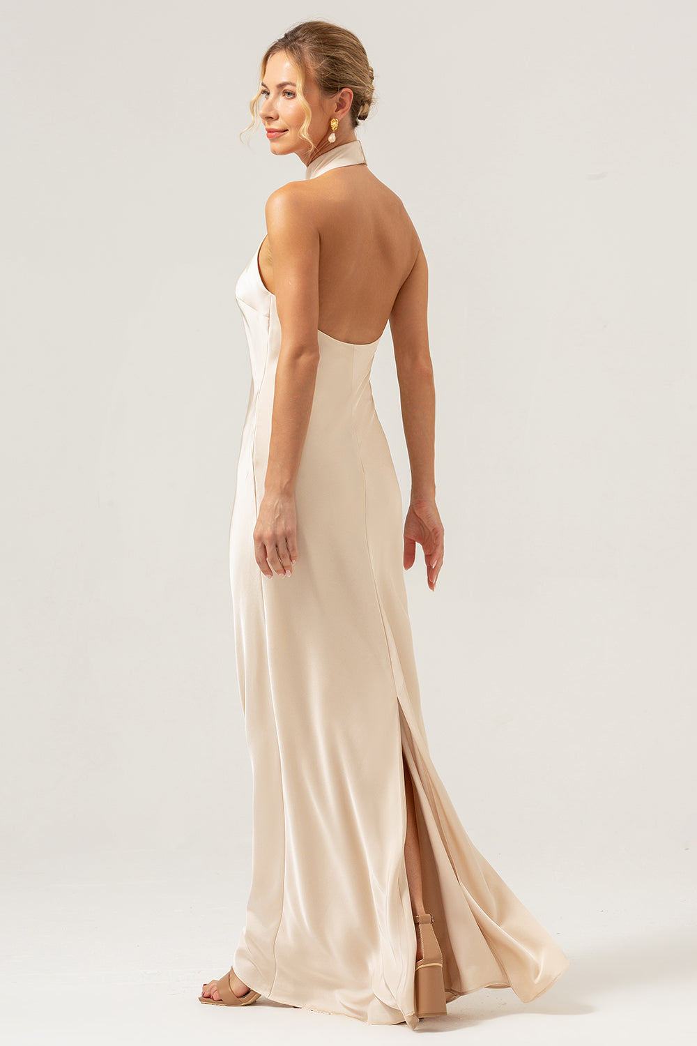 Champagne Sheath Halter Backless Long Satin Bridesmaid Dress with Slit