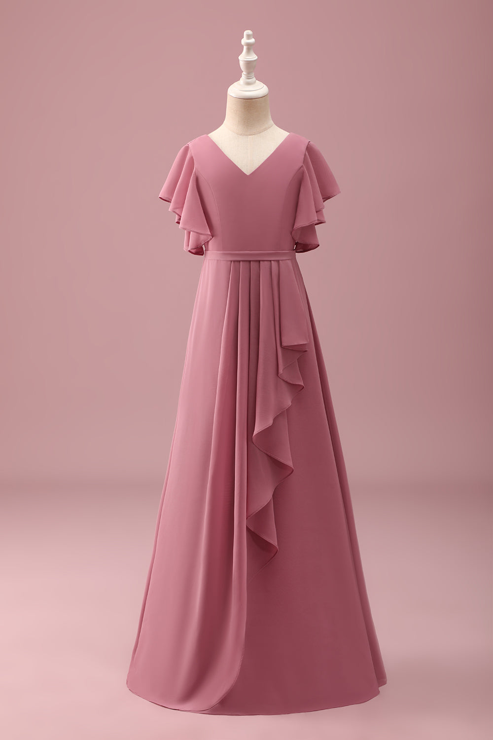 Desert Rose Chiffon A Line Ruffled Junior Bridesmaid Dress with Batwing Sleeves