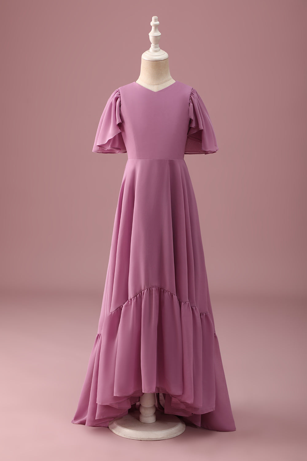 Vintage Mauve A Line Ruched Chiffon Junior Bridesmaid Dress With Short Sleeves