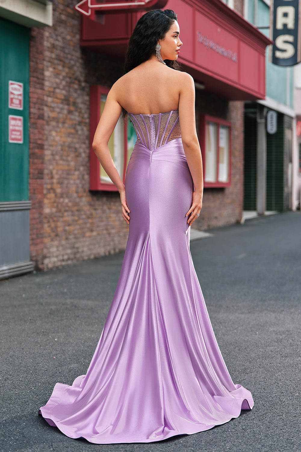 Purple Beaded Mermaid Corset Strapless Long Prom Dress