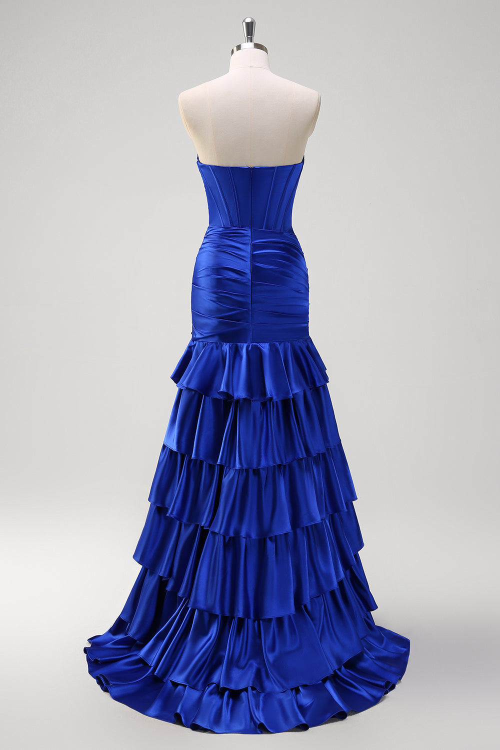 Royal Blue Strapless Ruched Corset Tiered Long Prom Dress with Ruffles