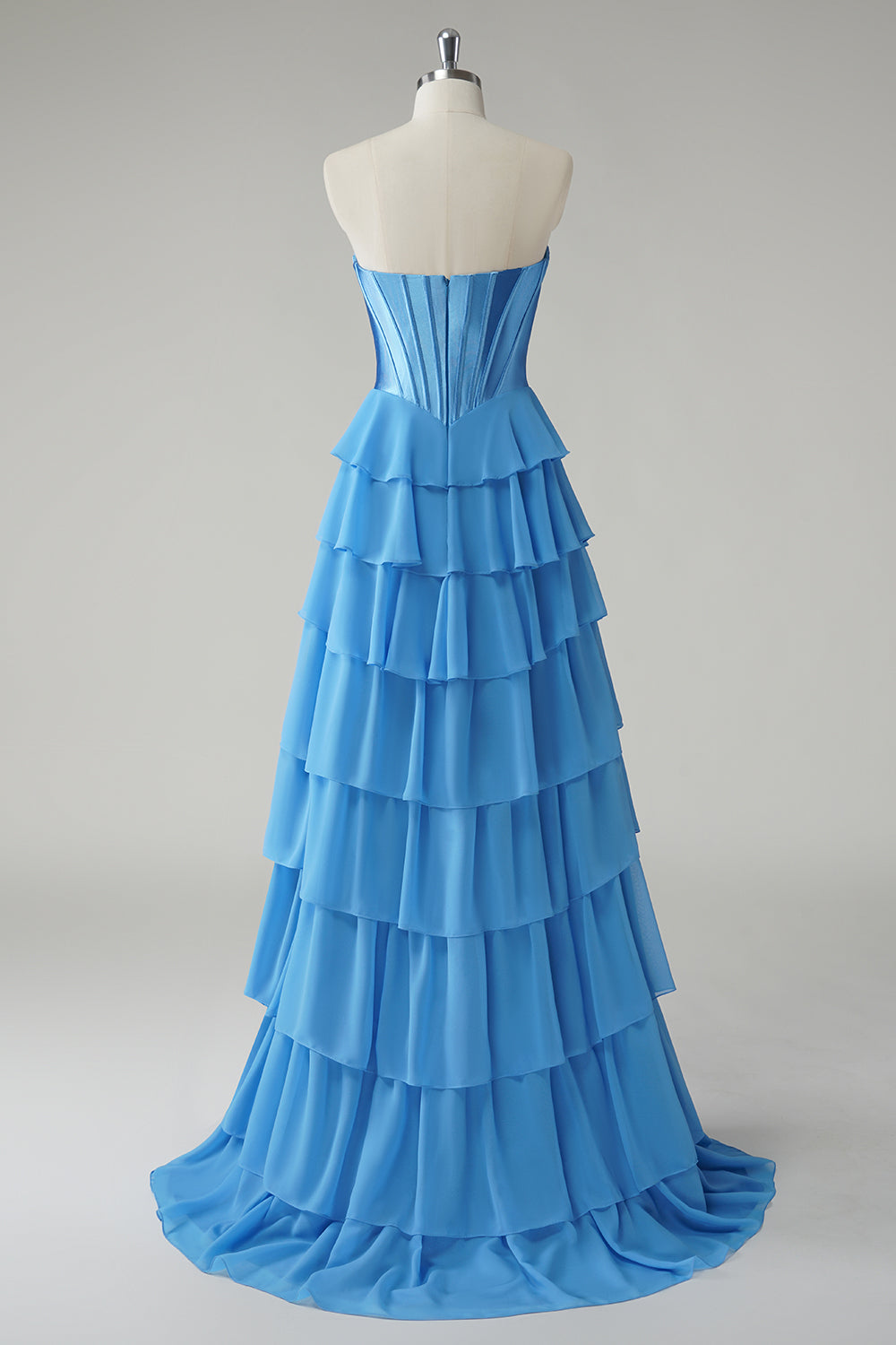 Blue A-Line Strapless Corset Ruffle Tiered Long Prom Dress with Slit