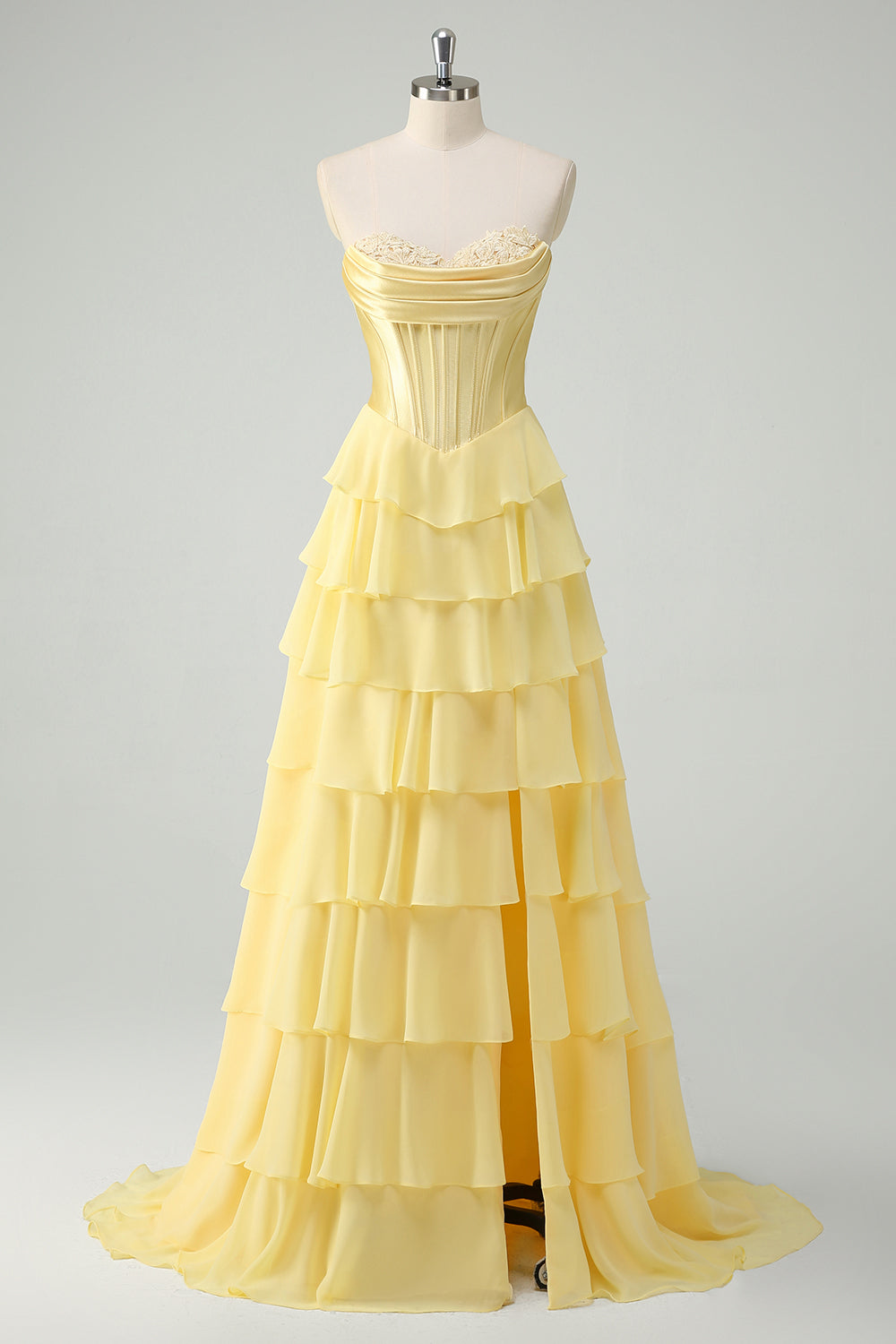 Yellow A-Line Strapless Tiered Corset Ruffle Long Prom Dress with Slit