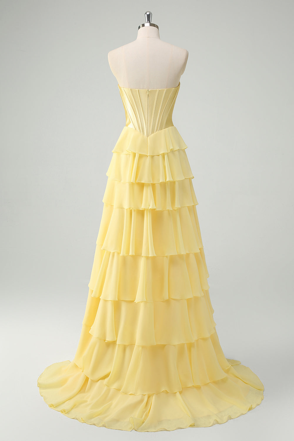 Yellow A-Line Strapless Tiered Corset Ruffle Long Prom Dress with Slit