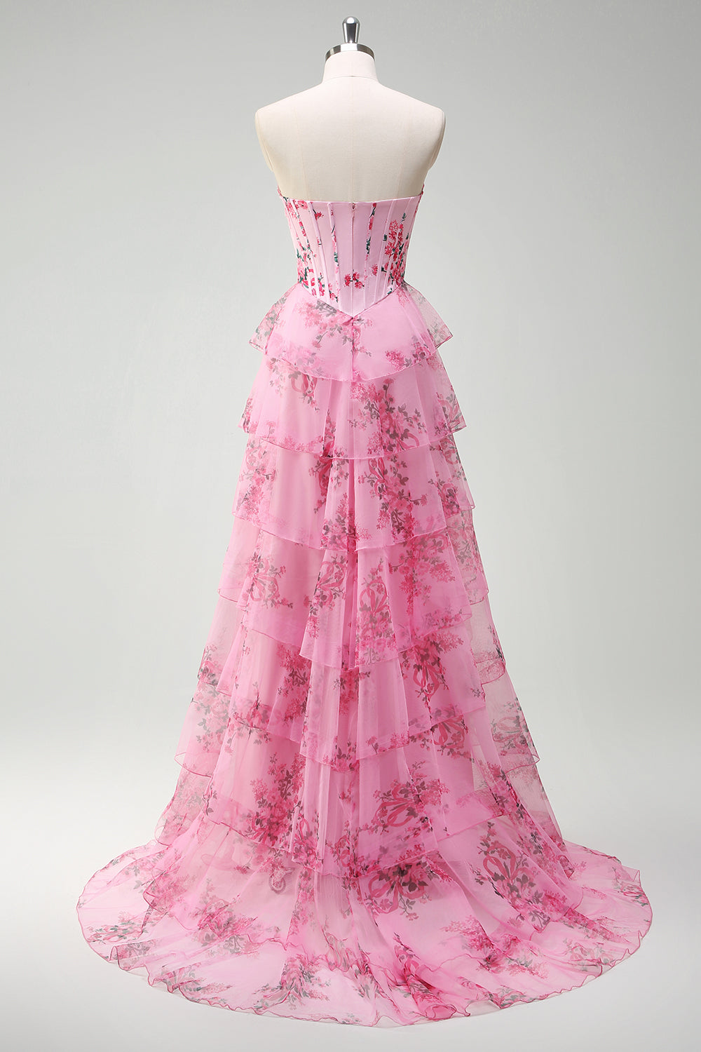 Blush Floral A-Line Strapless Ruffled Corset Printed Tiered Long Prom Dress with Slit