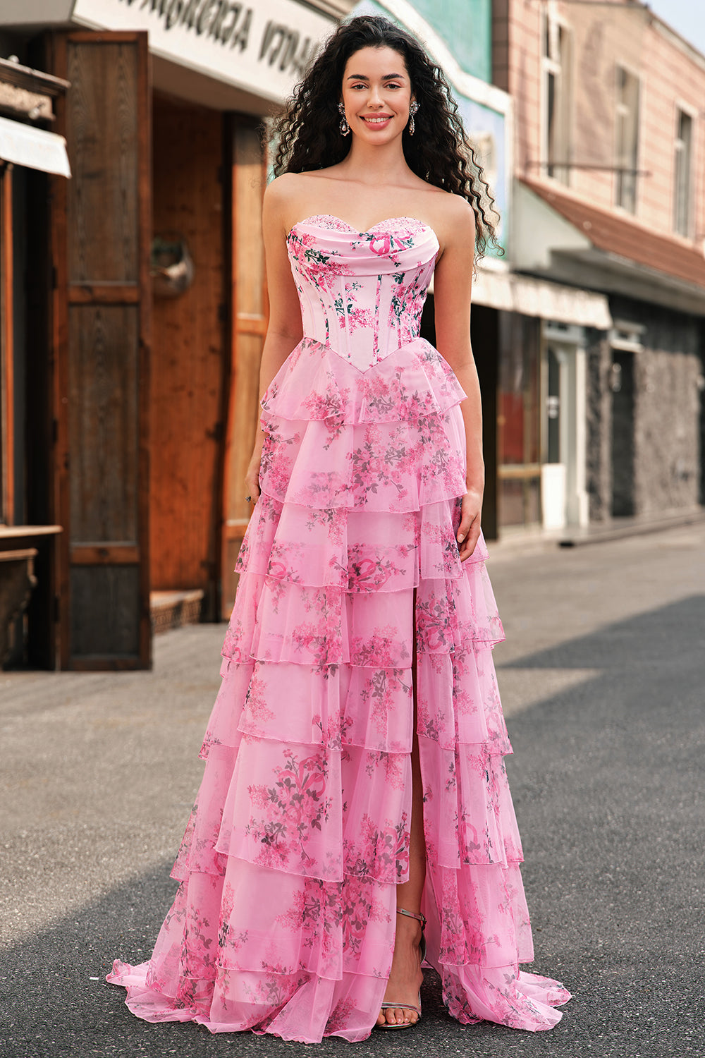 Blush A Line Strapless Corset Tiered Floral Long Prom Dress with Slit