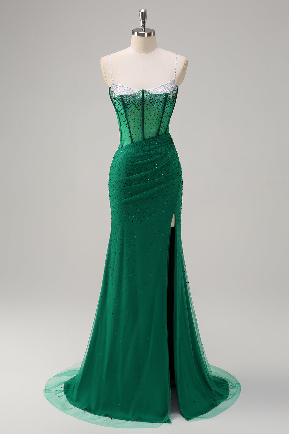 Dark Green Mermaid Spaghetti Straps Corset Beaded Long Prom Dress with High Slit