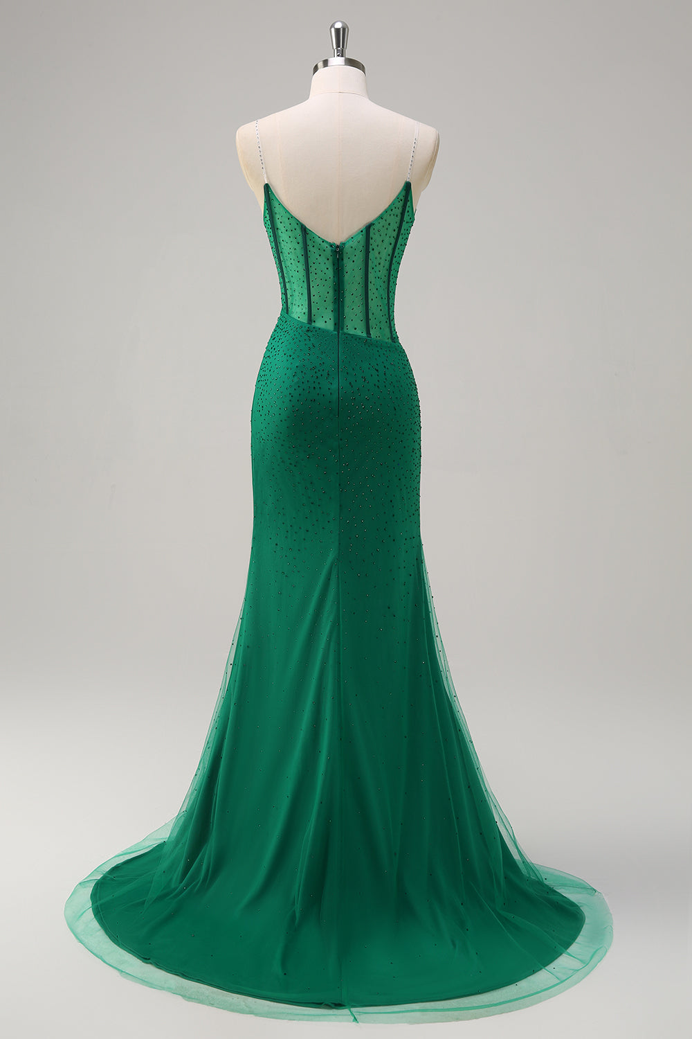 Dark Green Mermaid Spaghetti Straps Corset Beaded Long Prom Dress with High Slit