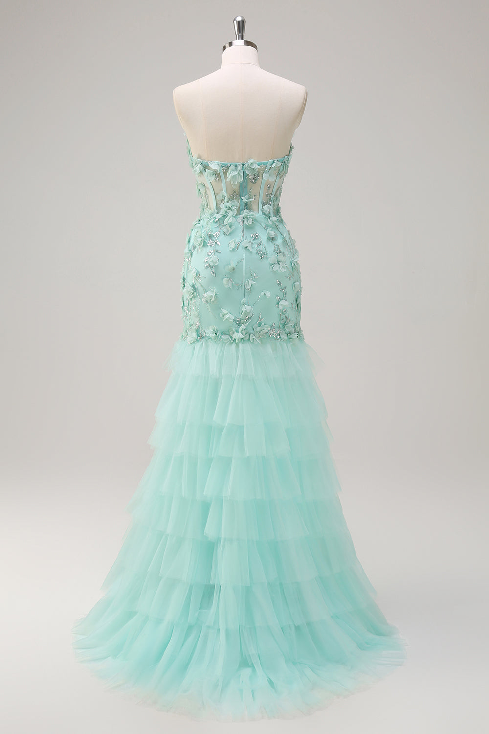 Sparkly Green Mermaid Sweetheart Corset Sequin Long Prom Dress With 3D Flowers