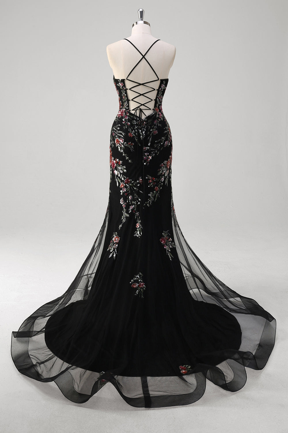 Black Mermaid Spaghetti Straps Long Prom Dress With Appliqued Sequins