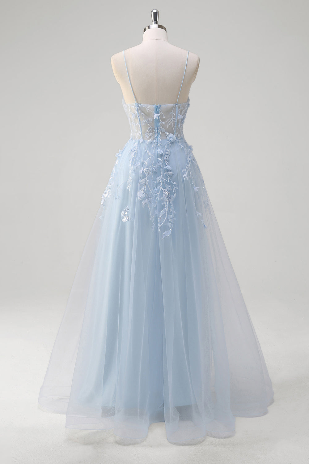 Blue A-Line Spaghetti Straps Sheer Corset Long Floral Prom Dress With Appliques