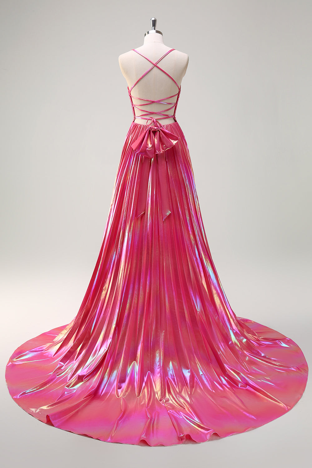 Fuchsia Metallic A-Line Spaghetti Straps Pleated Long Prom Dress with Slit