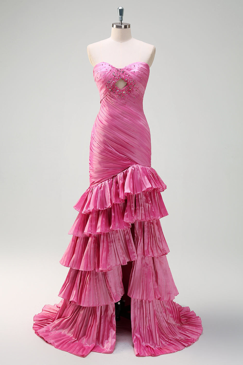 Sparkly Fuchsia Mermaid Strapless Pleated Cut Out Tiered Prom Dress with Ruffle Slit