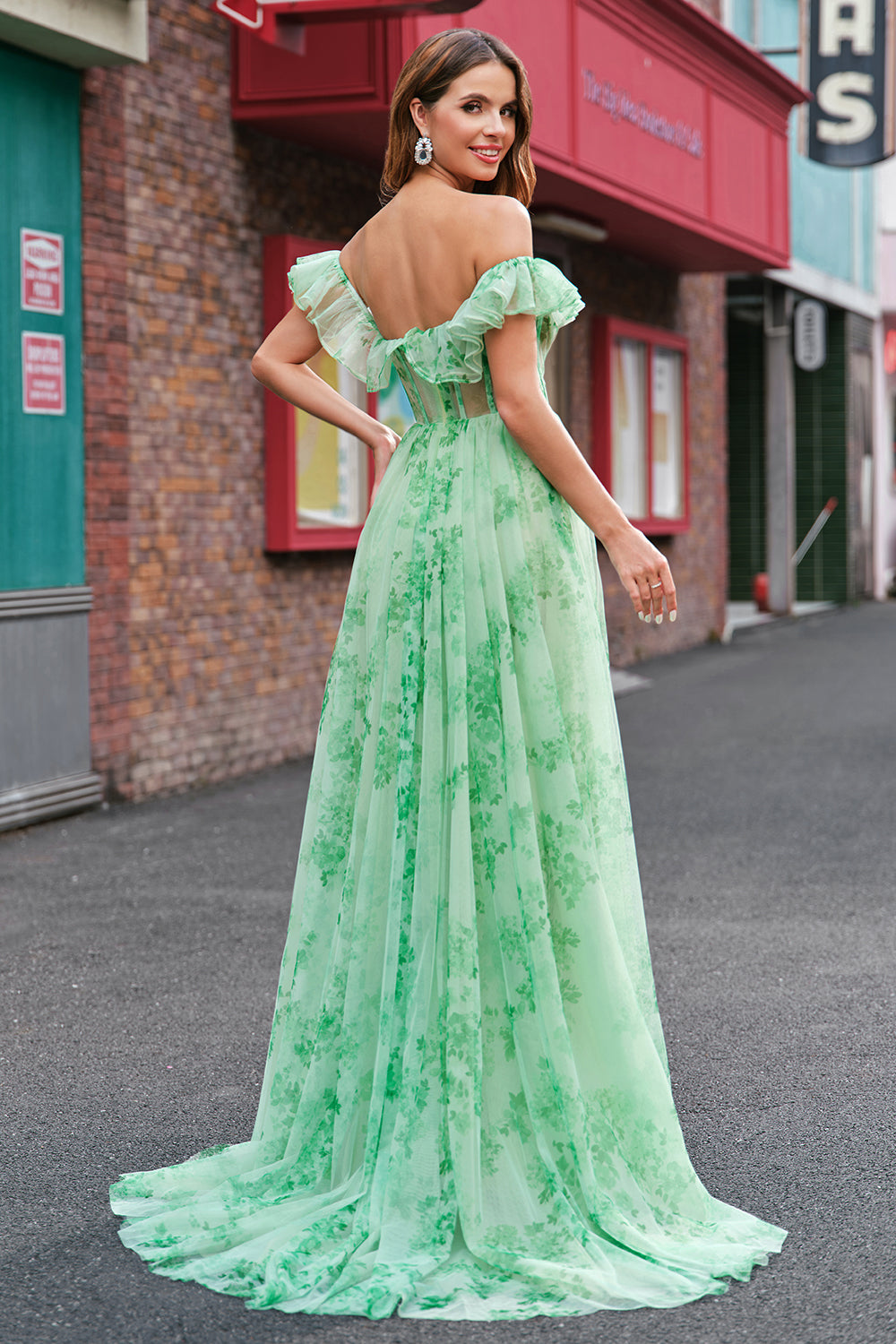 Green Floral A Line Off The Shoulder Corset Long Prom Dress with Slit