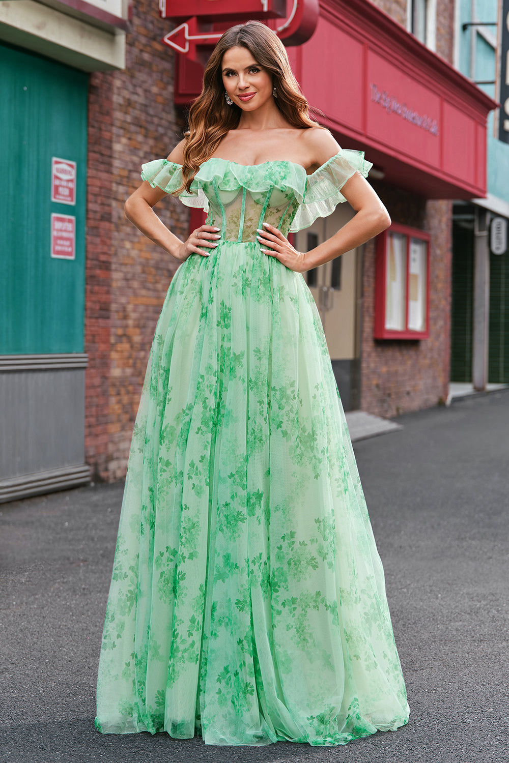 Green Floral A Line Off The Shoulder Corset Long Prom Dress with Slit