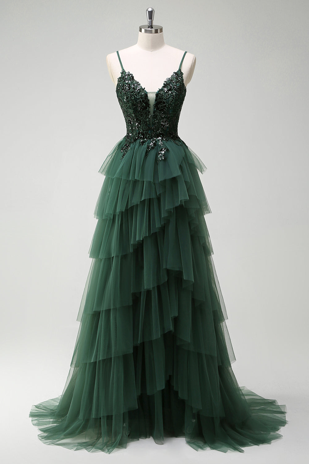 Sparkly Dark Green Tulle A-Line Corset Sequins Tiered Prom Dress with Appliques