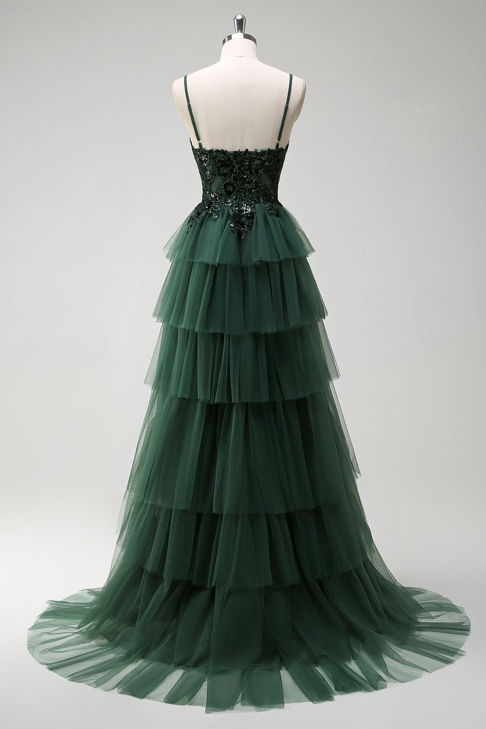 Sparkly Dark Green Tulle A-Line Corset Sequins Tiered Prom Dress with Appliques