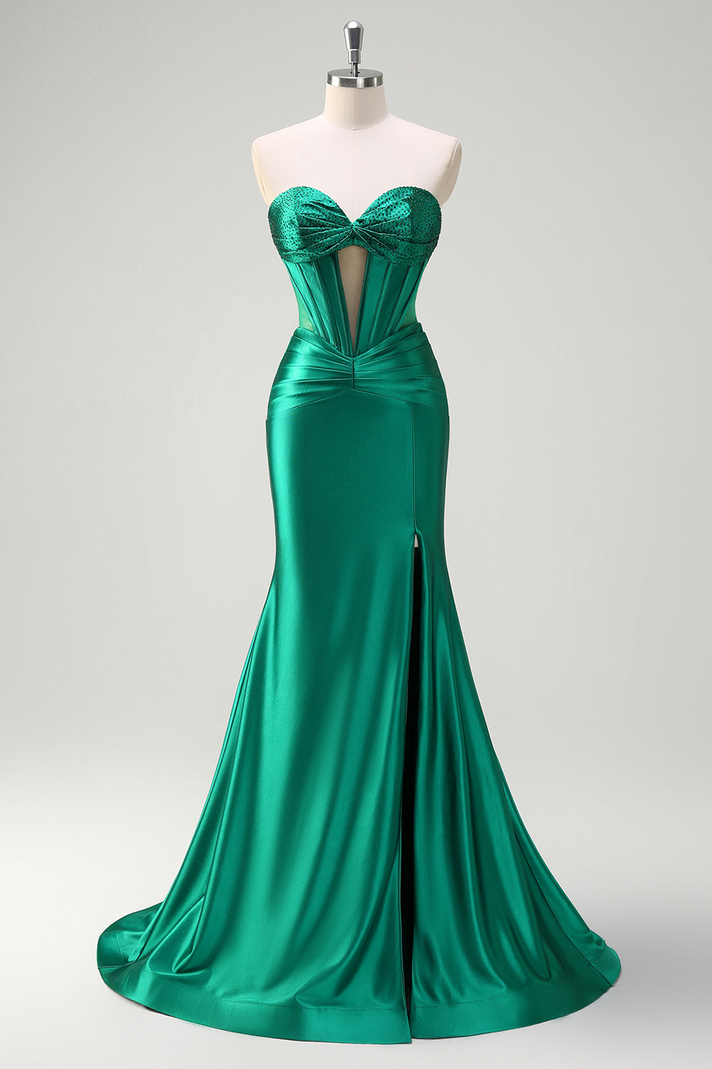 Dark Green Mermaid Strapless Corset Cut Out Beaded Prom Long Dress with Slit