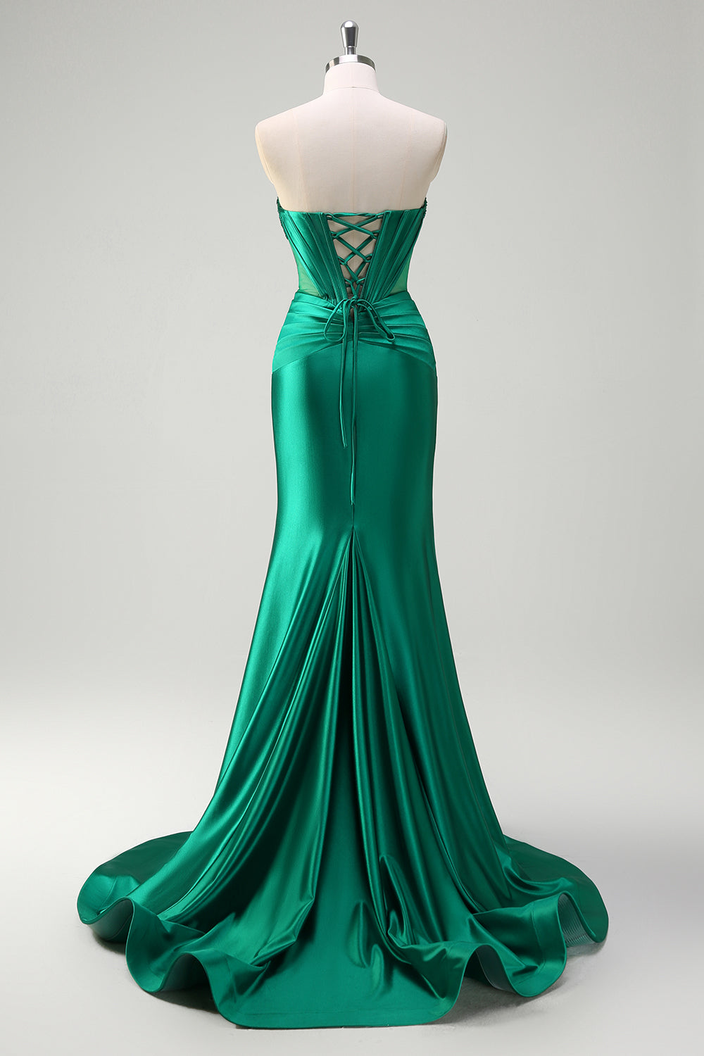 Dark Green Mermaid Strapless Corset Cut Out Beaded Prom Long Dress with Slit