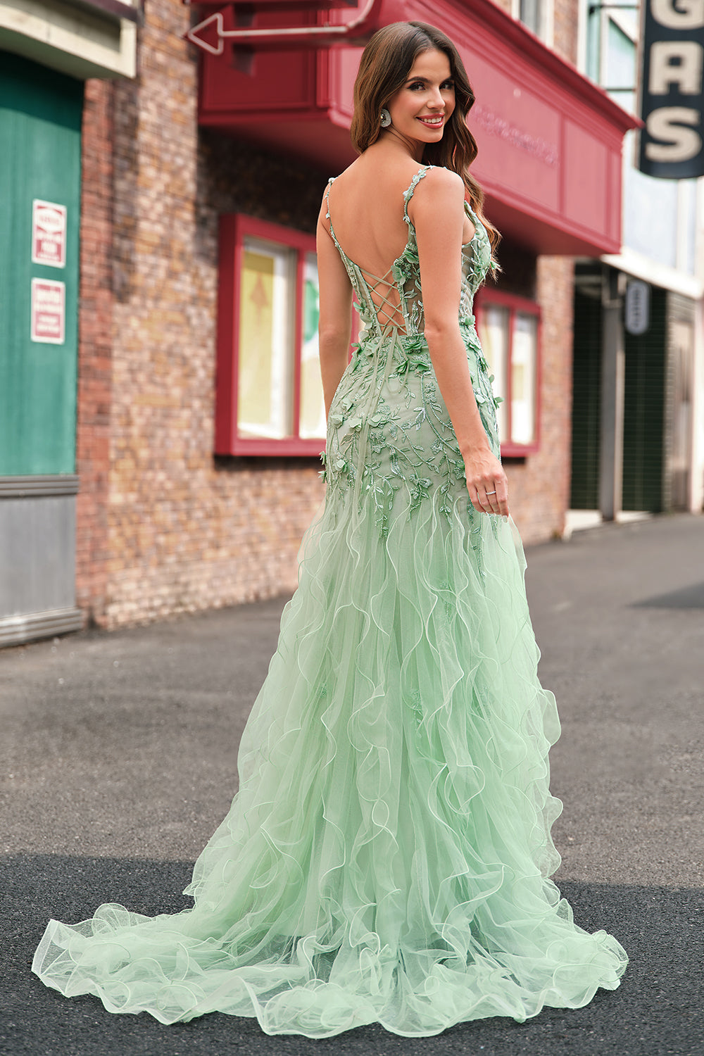 Mermaid Green Corset Spaghetti Straps Long Prom Dress with 3D Flowers