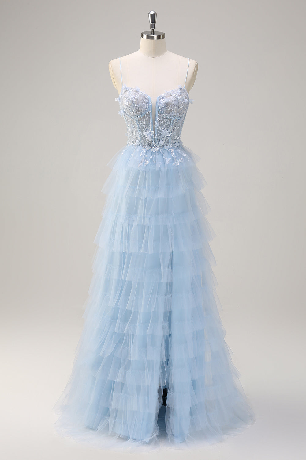 Light Blue A-Line Sequin Tiered Corset Long Prom Dress with Tulle Slit