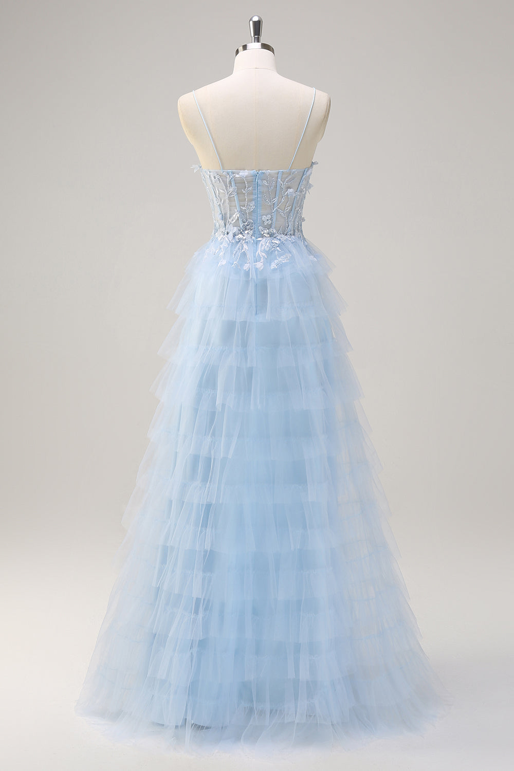 Light Blue A-Line Sequin Tiered Corset Long Prom Dress with Tulle Slit