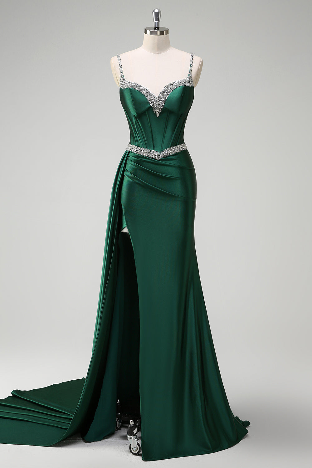 Sparkly Dark Green Mermaid Streamer Corset Long Prom Dress with Slit