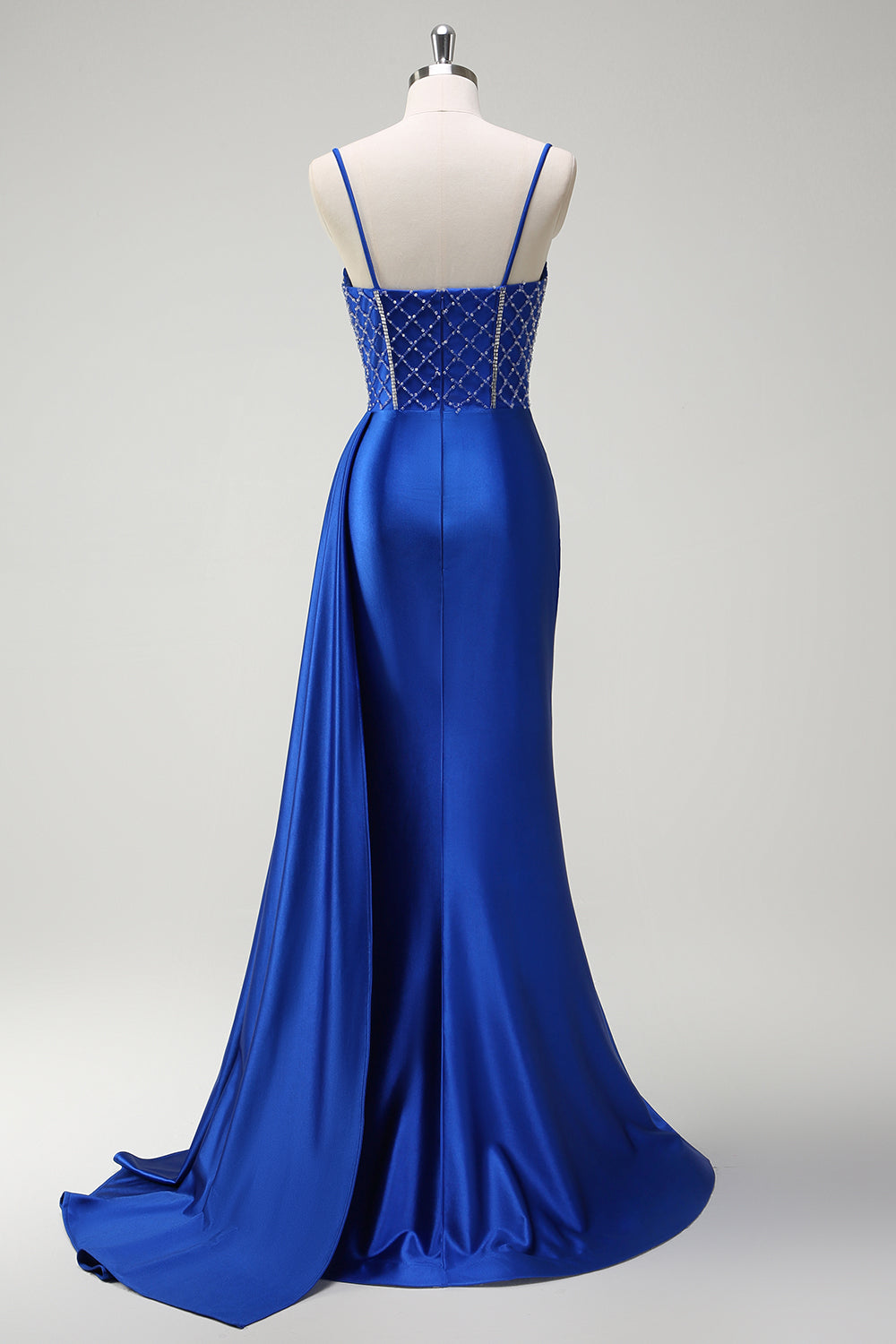 Royal Blue Mermaid Spaghetti Straps Side Streamer Ruched Corset Long Prom Dress