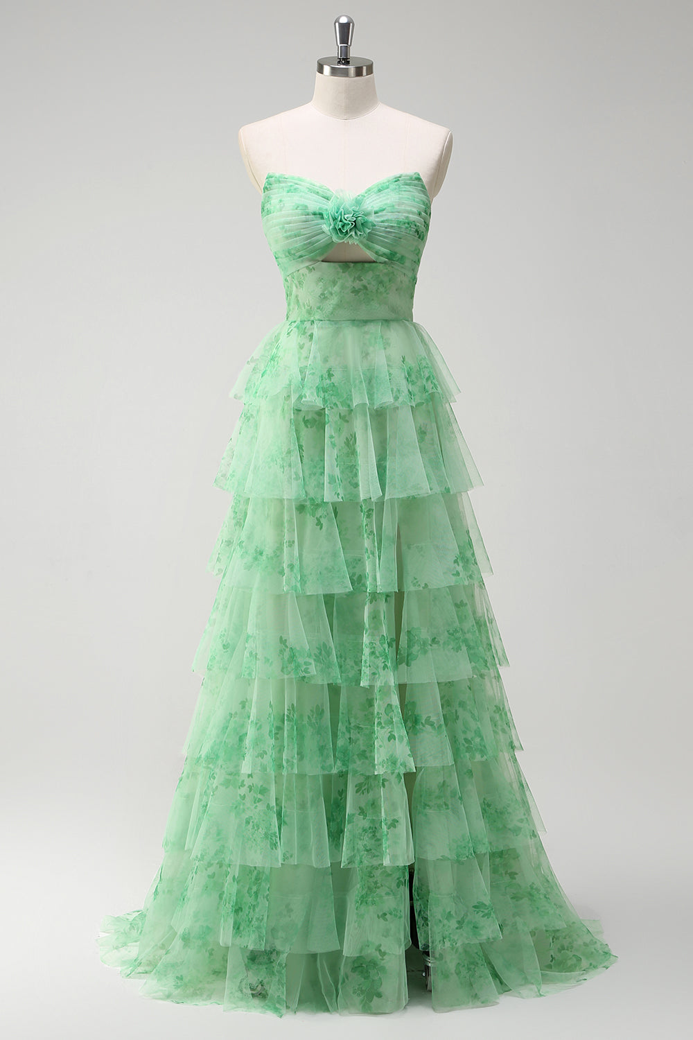 Green Floral Strapless A-Line Ruched Cut Out Corset Tiered Prom Dress with Slit