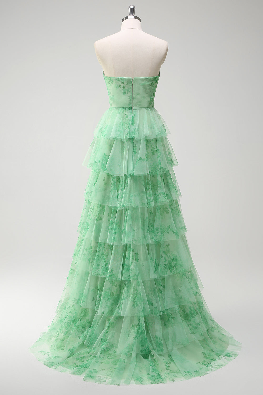 Green Floral Strapless A-Line Ruched Cut Out Corset Tiered Prom Dress with Slit