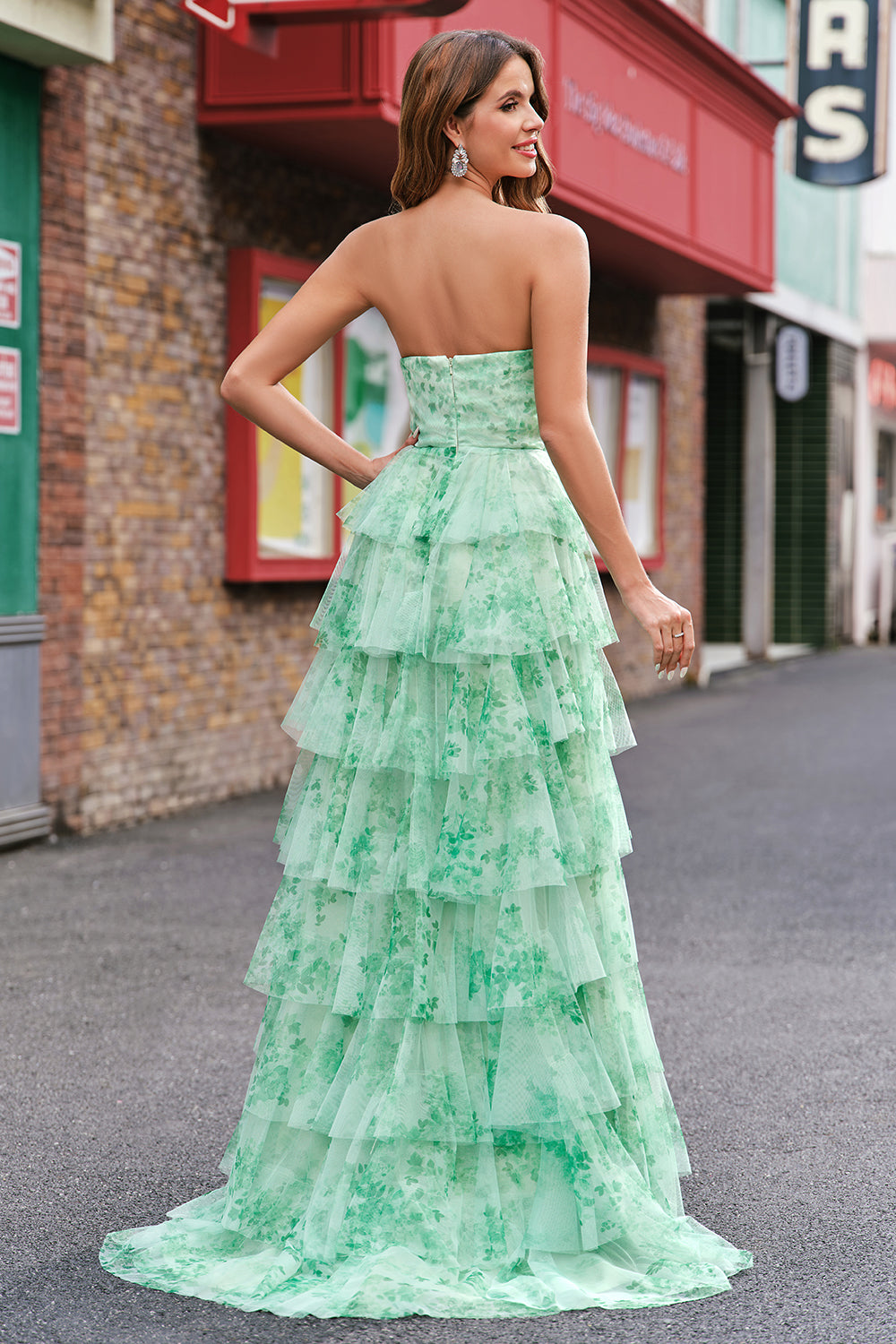 Green Floral A-Line Strapless Cut Out Ruffles Long Prom Dress with Slit