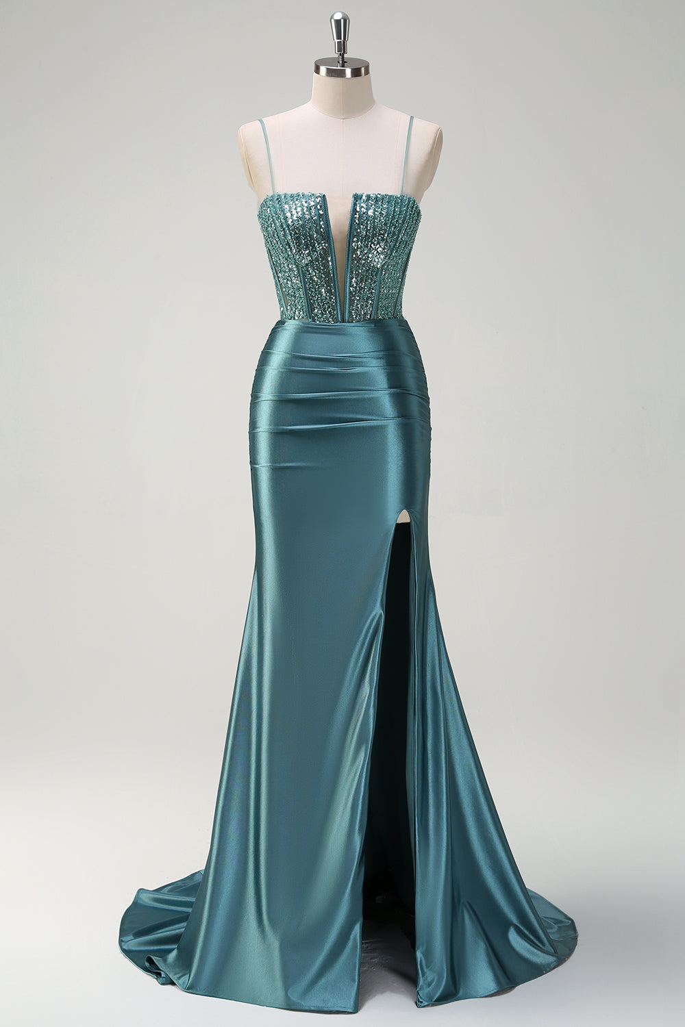 Sparkly Dusty Green Mermaid Cut Out Beaded Long Prom Dress with Slit