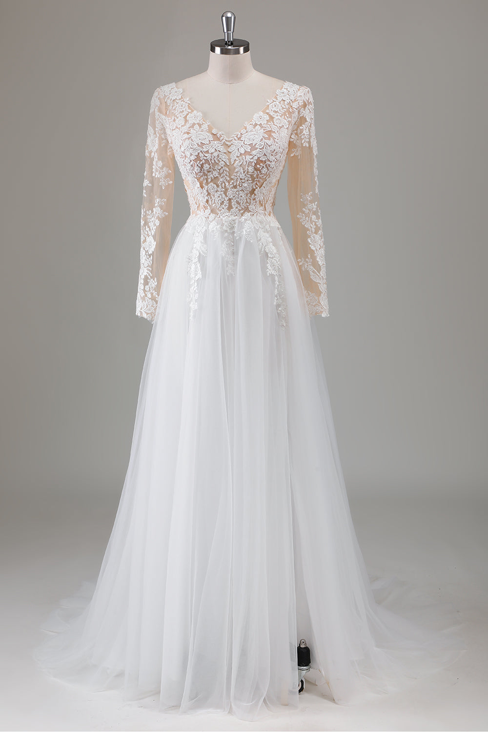 Ivory A Line V-Neck Long Sleeves Appliqued Wedding Dress with Slit