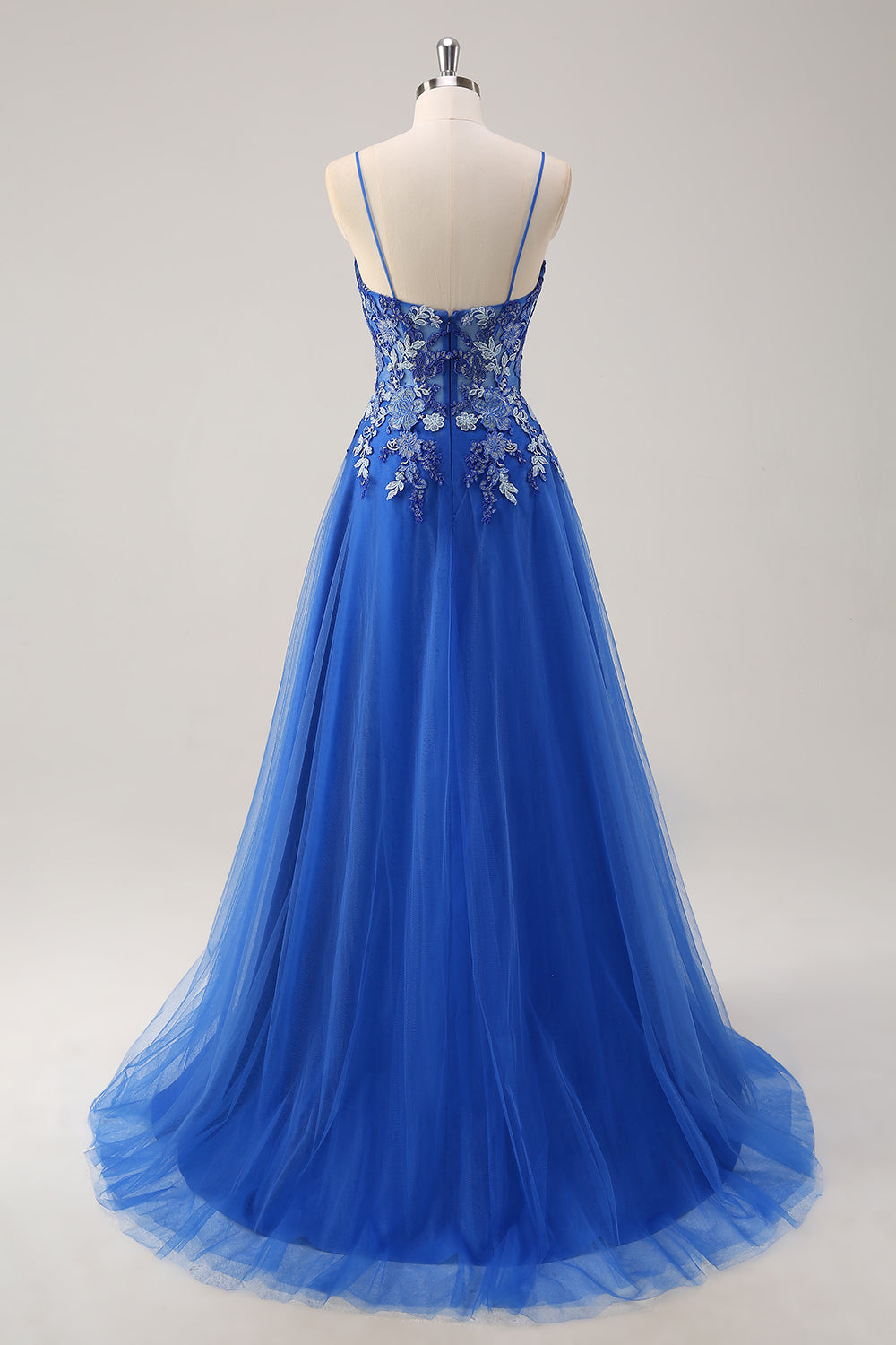 Royal Blue A-Line Spaghetti Straps Corset Tulle Prom Dress With Embroidery