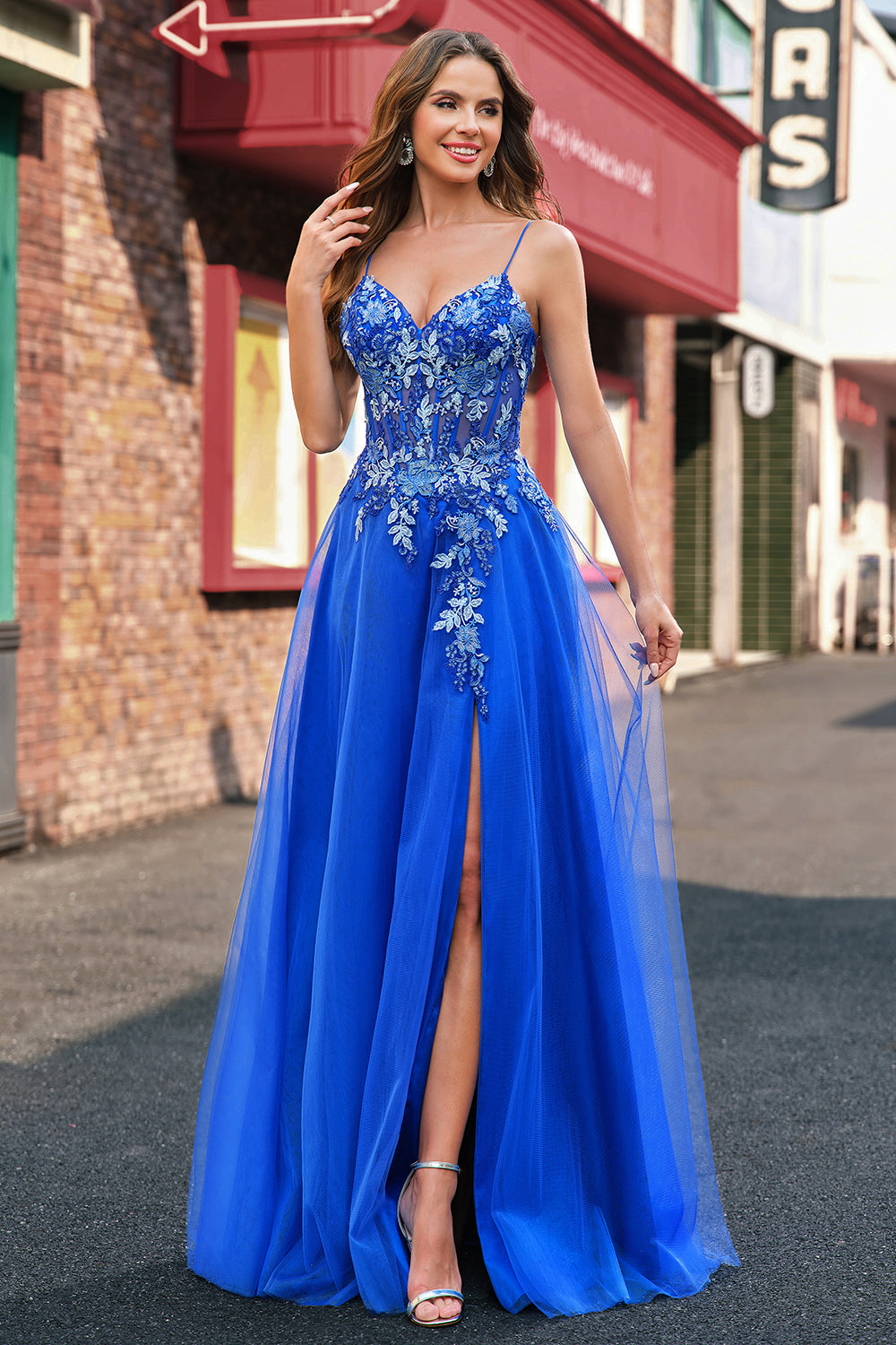 Royal Blue A-Line Spaghetti Straps Tulle Corset Beaded Long Prom Dress with Slit