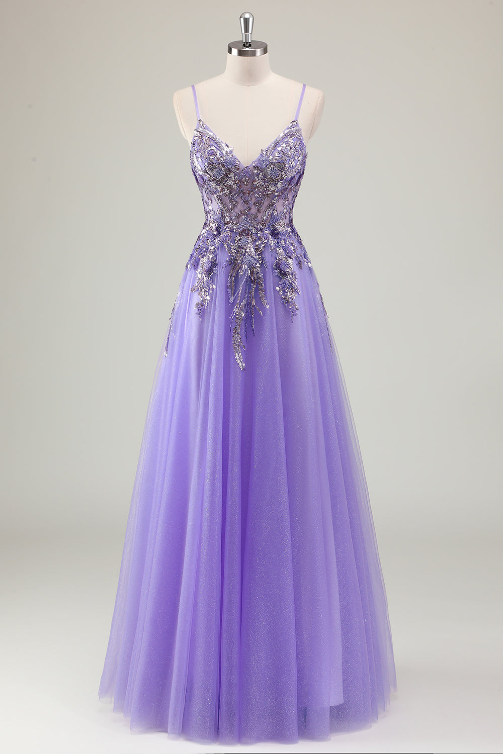 Sparkly Purple A-Line Corset Sequin Tulle Long Prom Dress with Appliques