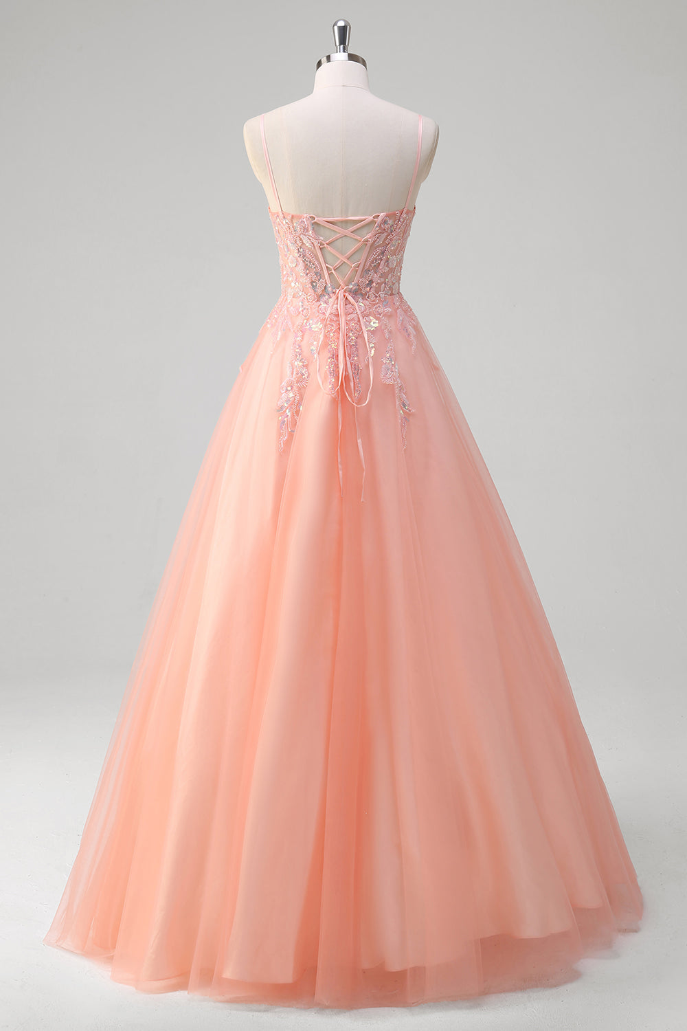 Sparkly Peach Ball-Gown Corset Beaded Floral Tulle Long Prom Dress with Sequins