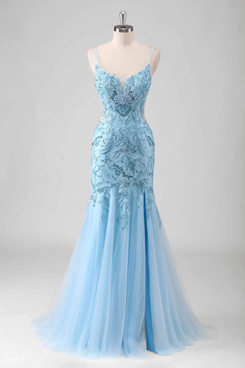 Blue Mermaid Spaghetti Straps Sequin Long Appliqued Prom Dress with Tulle Slit