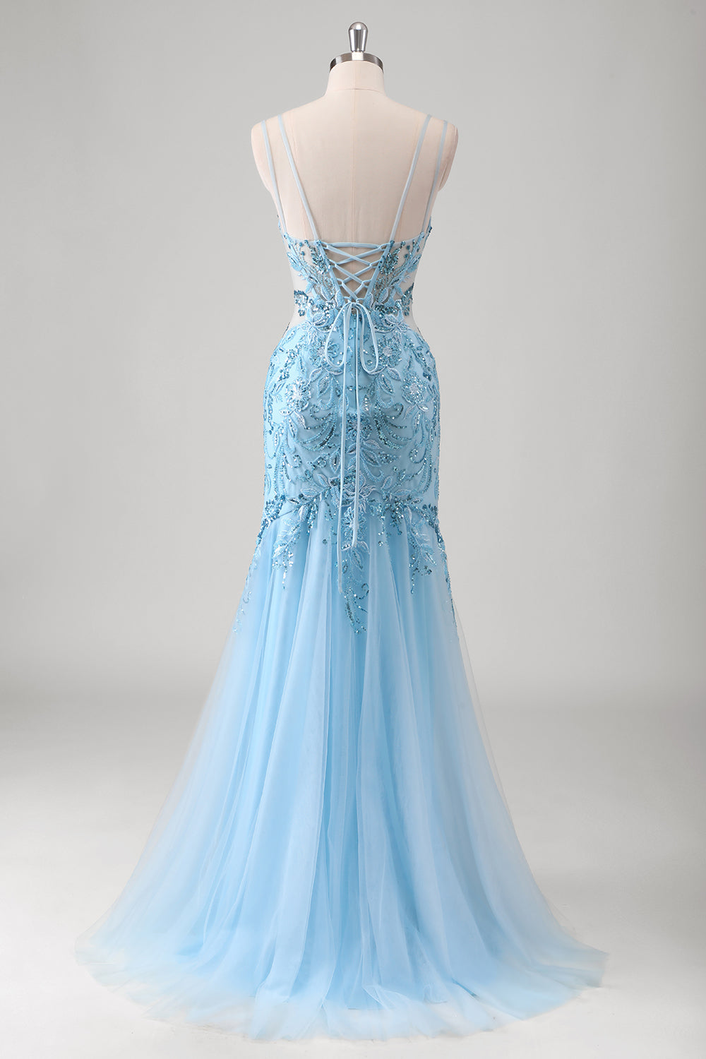 Blue Mermaid Spaghetti Straps Sequin Long Appliqued Prom Dress with Tulle Slit