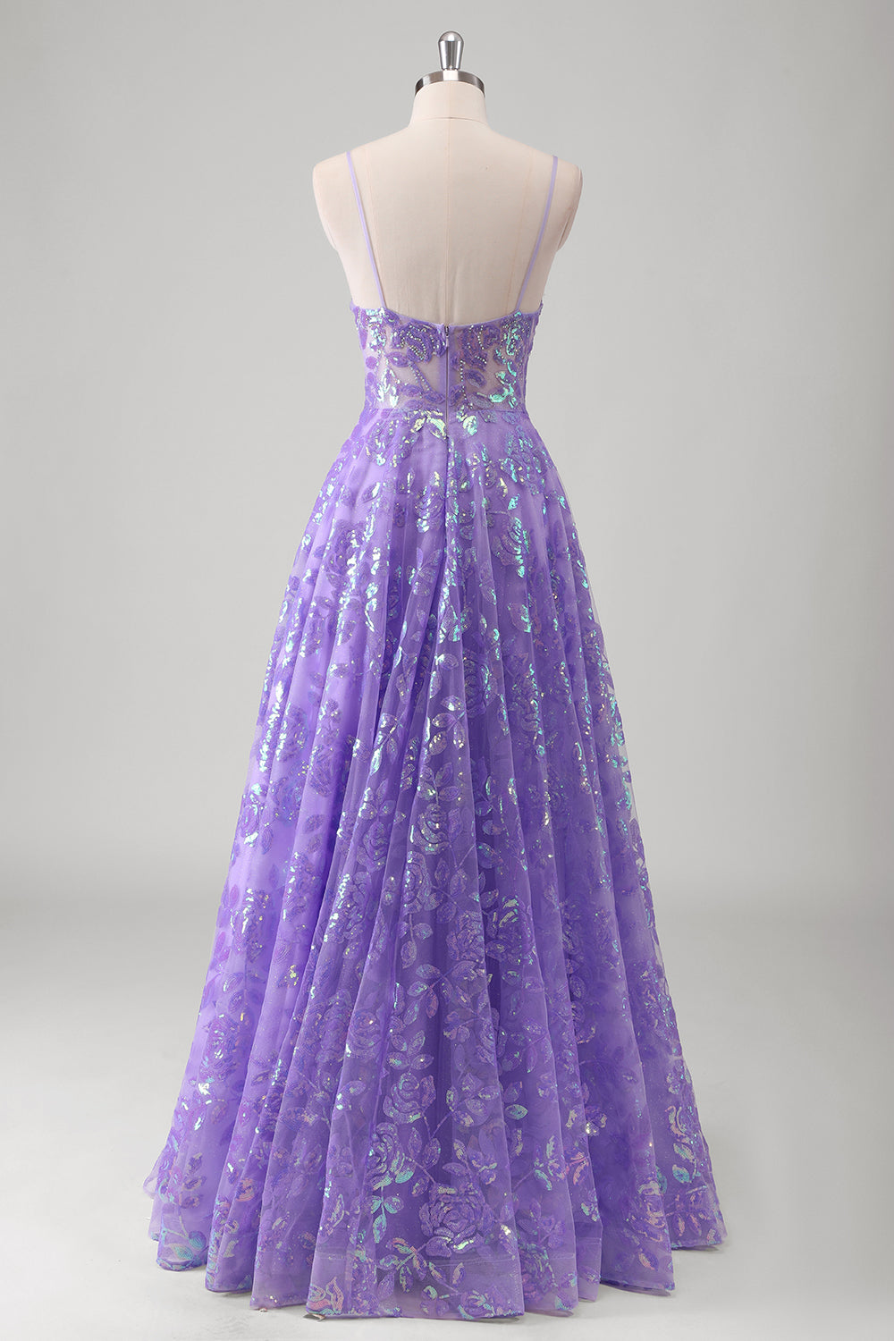 Sparkly Purple A-Line Spaghetti Straps Sheer Beaded Long Prom Dress With Sequins