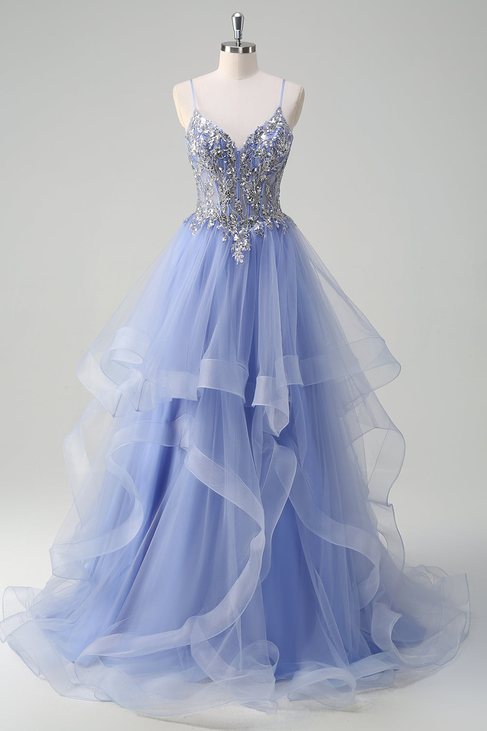 Sparkly Sequins Light Blue A Line Corset Long Prom Dress with Spiral Ruffles