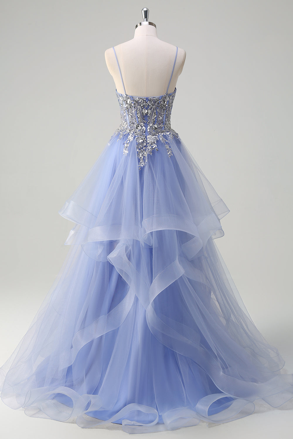 Sparkly Sequins Light Blue A Line Corset Long Prom Dress with Spiral Ruffles