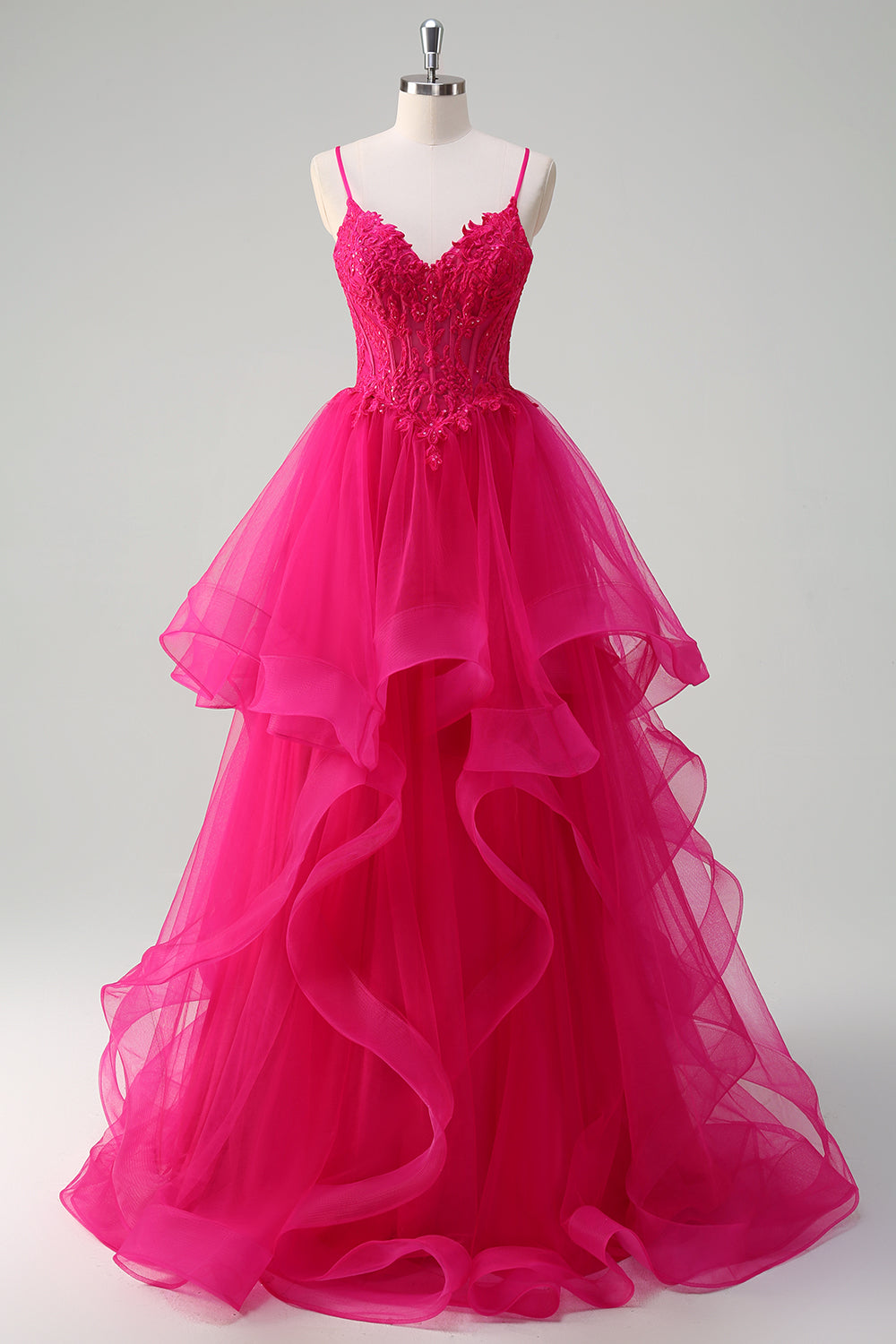 Hot Pink Princess Spaghetti Straps Corset Spiral Ruffles Long Prom Dress with Appliques