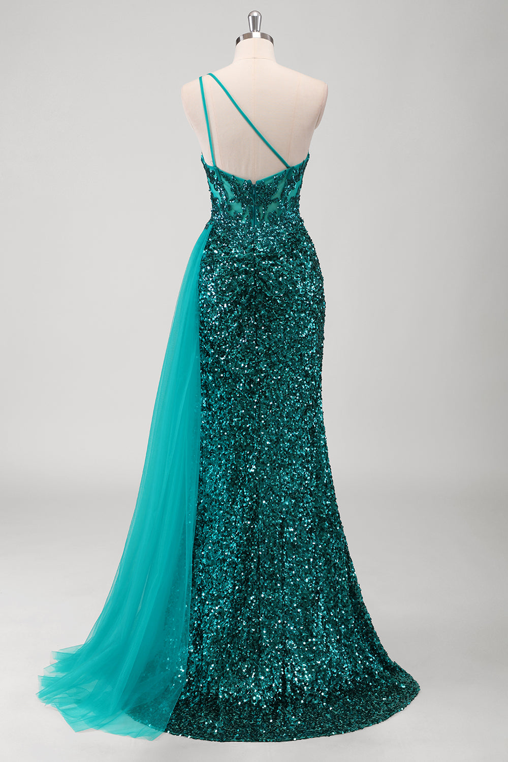 Peacock Green Mermaid One Shoulder Tulle Streamer Sequins Prom Dress with Slit