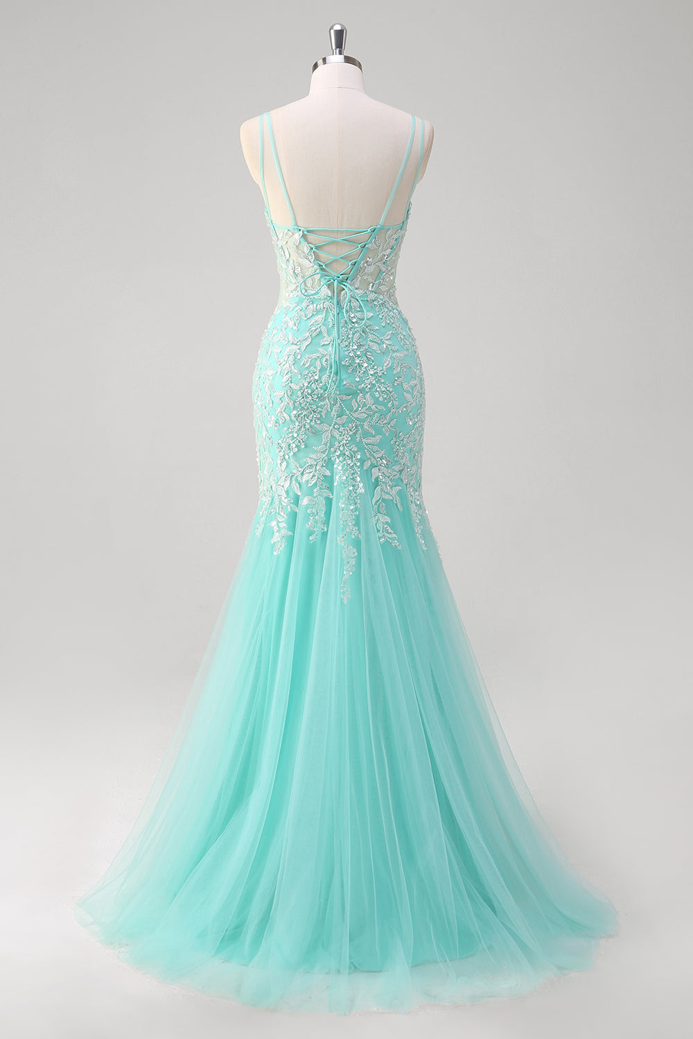 Sparkly Mint Mermaid Appliques Lace Sequin Long Prom Dress with Tulle Slit