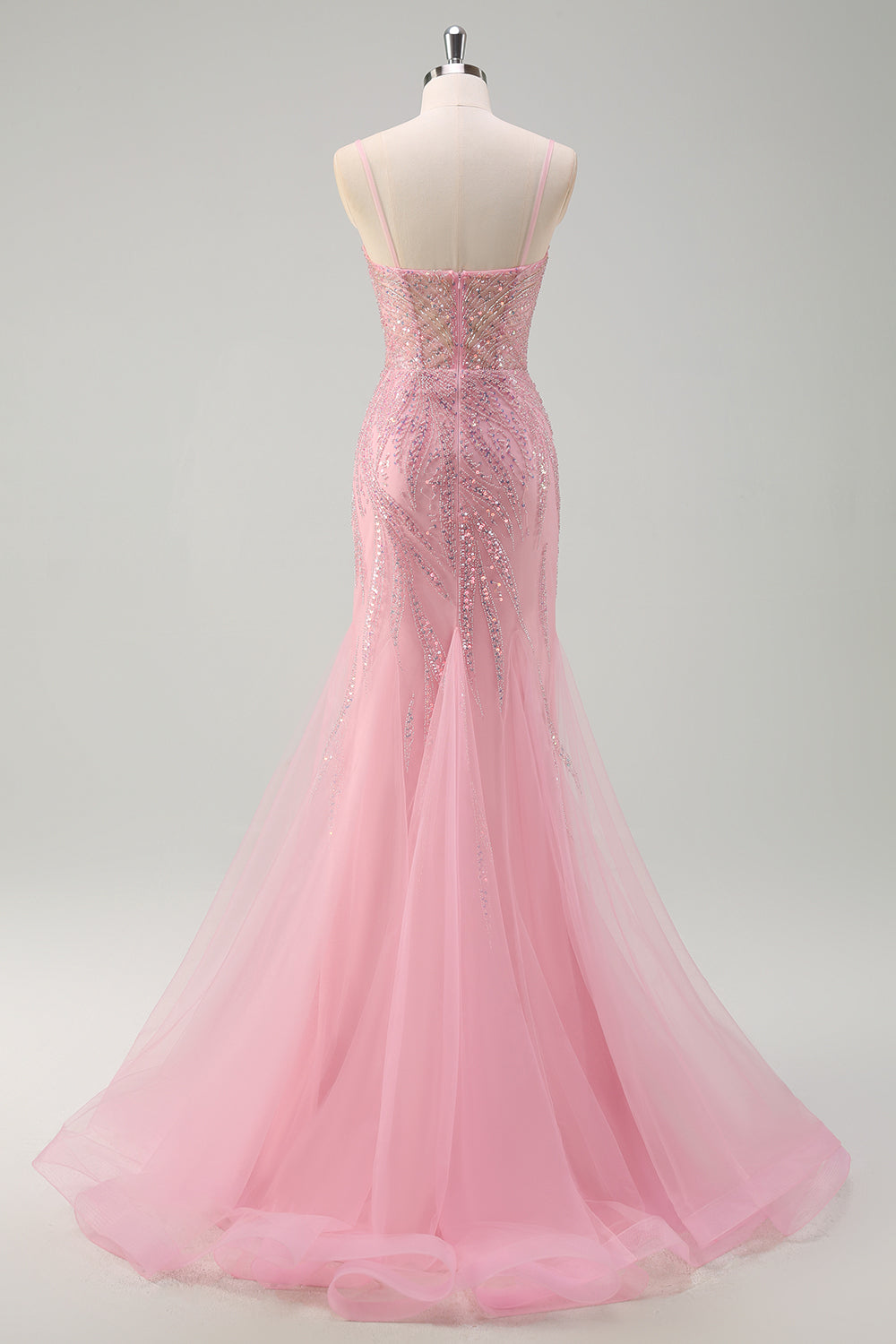 Pink Mermaid Spaghetti Straps Corset Long Prom Dress With Sequins