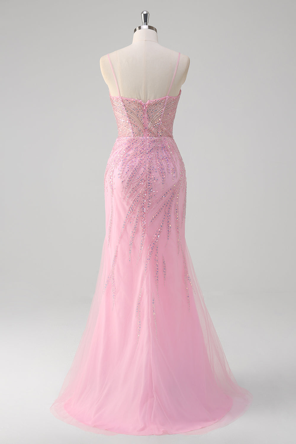 Glitter Pink Mermaid Spaghetti Straps Corset Long Prom Dress with Sequins