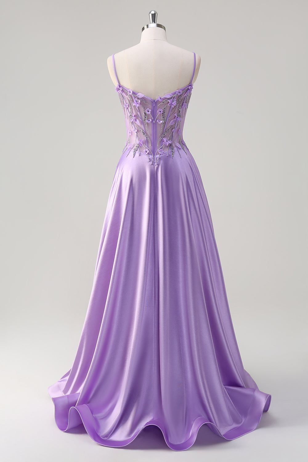 Purple Floral A Line 3D Flowers Sheer Corset Beaded Prom Dress with Slit